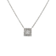 14K White Gold Princess Diamond Halo Necklace